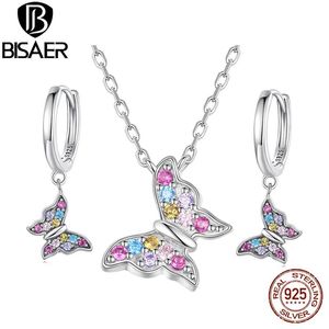 Sets BISAER 925 Sterling Silber Schmetterling Jewerly Set Halskette Ohrstecker Mehrfarbig Zirkon Überzogen Platin für Frauen Party Geschenk