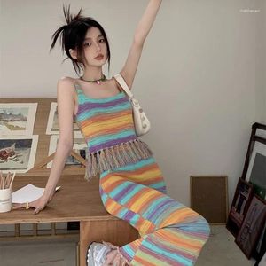 Work Dresses Summer Women Contrasting Striped Fringes Knitted Suspenders Tops High Waisted Skirt Two-piece Sets