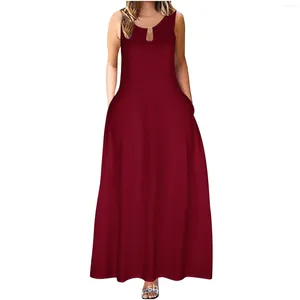 Lässige Kleider Frauen Sommer ärmellose Blumendruck Crew Hals Maxi Slim Kleid Boho Strand langer Sonnenbringer mit Taschen