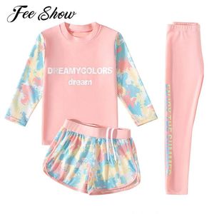 Maiô estampado colorido para meninas, 3 peças, roupa de banho, manga comprida + shorts com calças, conjunto de proteção solar, proteção contra queimaduras, roupa de natação