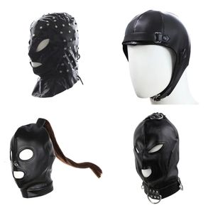 Exotiska tillbehör av SM PU -läder Sex Black Head Bondage Hood med öppen ögonmunn för erotiska par Flirting Toys Mask Cosplay 240109