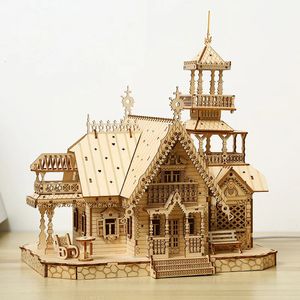 267pcs Wooden BUILD BLOCK Construction Toys DIY House With Lights Educational Building Bricks Model Children Kids Gift 240110