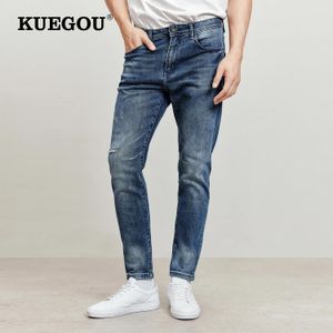 Pants KUEGOU 2022 Spring autumn New Hole Wash Slim Jeans For Men Moustache Effect Fashion Cotton Stretch Breathable Denim Pants 1970