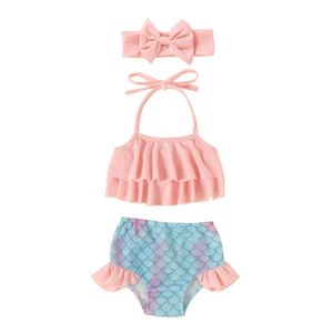 Toddler Kız Deniz Kızı Mayo Set bebek banyo takım elbise 2 adet fırfırlı yular mahsul üst+bikini dipler+kafa bandı çocuklar Sunsuit 6m4y