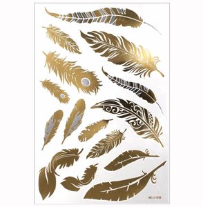1 st flash metallisk vattentät tatuering guld silver kvinnor mode henna påfågel fjäder design tillfällig tatuering stick paster7463285