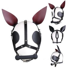 Fetish Leather Harness Head Piece Hood Mask with Silicone Bone Mouth Gag Ears Eye Shade Bit Blindfold for Pony Pet Cosplay Bdsm 240109