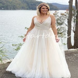 Plus Size Cremefarbenes Pailletten-Hochzeitskleid 2024, tiefer V-Ausschnitt, Spaghettiträger, A-Linie, Tüll, Boho-Brautkleid, sexy, rückenfrei, Strand, Bauernhof, Land-Brautkleider, Vestios De Novia Chic