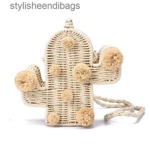 Umhängetaschen Neue hochwertige Strandtasche Kaktus Rattan Tasche Sommertasche Sommertaschen mit Bommel Damen Messenger Handtasche geflochtenestilvolle Taschen