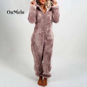 Pants Onmelo Women's Plush Romper Autumn Winter Flannel Pamas Zipper High Neck Hat Keep Warm Soft Sleepwear Longsleeve Homewear