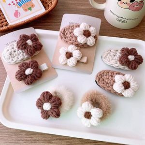 Acessórios de cabelo 2 pcs coreano outono inverno tricô clipes para meninas flor bonito hairpin bege café barrettes crianças bebê