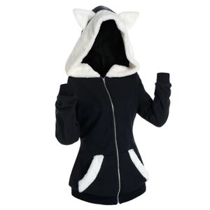 Mulheres Hoodies Manga Longa Moletom Com Capuz Moletom Coreano Anime Harajuku Cosplay Orelha de Gato Peles Falsas Inserir Zip Up Jaquetas Outerwear 240109