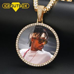 Necklaces Hot Custom Photo Big Size Round Pendant Necklace Personality Men's Cubic Zircon Hip Hop Jewelry 4mm Tennis Chain Gold Silve Gift