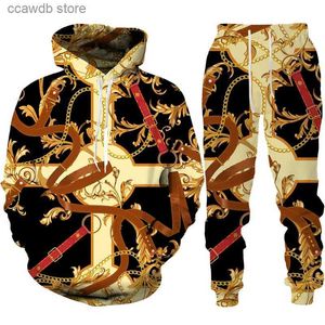 Herrspår 2023 Fashion Luxury Golden Chain 3D Print Hoodie/Pants/Suit män Kvinnor Casual Streetwear 2 Pieces Tracksuit Par Sportwear Set T240110