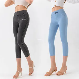 Kvinnors jeans anpassade logotyp för höst och vinter denim capris kvinnor bomullspolyester tight montering hög midja fitness casual byxor