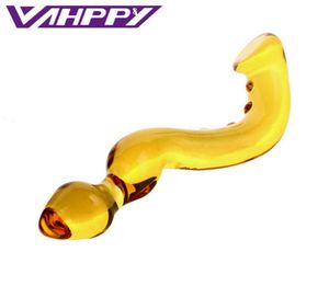 Vahppy Yellow Glass Dildo Dildo Penis Anal Plug Sex Toys Adult Products女性マスターベーションデバイスGSPOTマッサージスティックAP02036 Y1854267