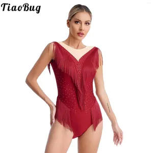 Stage Wear Womens Rhinestone Fringed Leotard For Tango Latin Dance Performance Mesh Tassel Sleeveless Ballet Gymnastics Bodysuit Costume