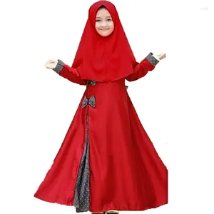 Roupas étnicas Islâmico Muçulmano Meninas Hijab Vestido Vermelho 2 Peças Set Crianças Dubai Turquia Abaya Oração Robe Khimar Lenço Kaftan Ramadan Eid