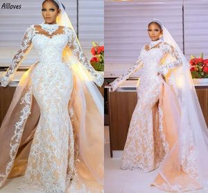 Nigeria African High Collar Lace Mermaid Wedding Dresses With Detachable Train Champagne Appliqued Bridal Gowns Plus Size Dubai Arabic Vestidos De Novia CL3194