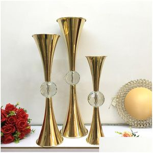 Vaser 10st Gold Flower Vase Holders med Big Crystal Ball Wedding Table Centerpieces Holder Candlesticks For Party Home Decor Drop DHE0Y