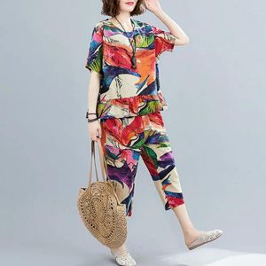 Calças femininas de duas peças 1 conjunto senhora verão terno cintura elástica confortável uso diário casual camiseta cortada peças roupas