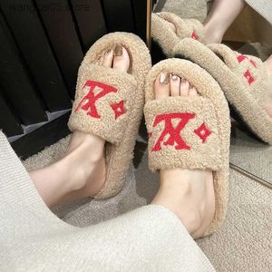 Slippers New Designer 2024 Outsider Color Lamb Plush Slippers Women's Velvet One word Drag Winter Indoor Large Half Drag T240314