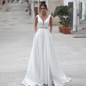 Stunningbride 2024 Elegant Satin Wedding Dresses With Pockets Simple V-Neck A -Line Open Back Bridal Party Gowns Sequin Sweep Train