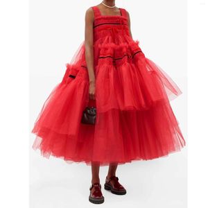 Casual Dresses Striking Puffy Red A-line Tutu Tulle Women Maxi To Birthday Party Elastic Top Cute Bow Mid Calf Gowns