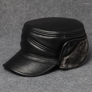 Ball Caps 2024 Men Earmuffs Genuine Leather Faux Fur Baseball Thicken Warmer Winter Male Flat Hats Real Cowhide Gorras B-7227