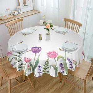 Table Cloth Easter Tulip Spring Flower Plant Waterproof Tablecloth Decoration Wedding Home Kitchen Dining Room Round