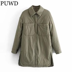 Jacken Puwd Women Green Cotton Jacket 2021 Winter Fashion Ladies lässig übergroße lange Parka weibliche solide Single -Breauzier -Oberbekleidung