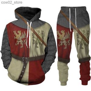 Herrspårsräder Knight Templar Tattoo 3D Printed Men's Hoodie/Set Vintage Medieval Armor Cosplay Come mode Harajuku Men Streetwear Clothes Q230110