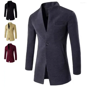 Men's Wool Men Trench Coat Solid Color Single Button Autumn Winter Windproof Thick Woolen Jacket For Daily Wear