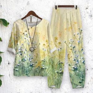 Women's Two Piece Pants 2 Pcs/Set Chic Lady Top Set Wide Leg Summer Trousers Suit Floral Print O Neck Keep Trendy