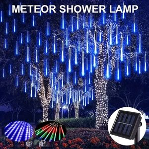 1pc Meteor Shower Christmas Lights Outdoor, 11.81inch 8 Tubes 192 LED Falling Rain Lights Solar Light, Icicle Snow Cascading String Lights, For Xmas Tree Decorations.