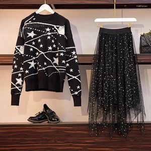 Work Dresses Plus Size Spring 2 Piese Set 2024 Runway Women Black Print Stars Knitted Loose Sweater Tops Mesh Sequined Ball Gown Skirt Sets