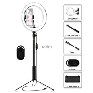 Blitzköpfe 26 cm/10,2 Zoll Dimmbares LED-Ring-Videolicht Verstellbarer Selfie-Stick Tischstativ Handyhalter Fernbedienungsset YQ240110