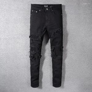 Mäns jeans mode svart orolig smal fit streetwear revben lapptäcke mager stretch hål byxor high street rippade jeans