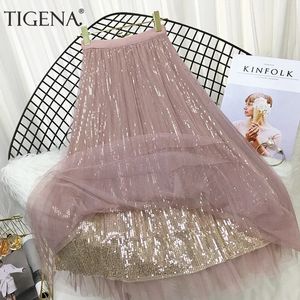 TIGENA moda paillettes gonna lunga in tulle donna estetica coreana casual una linea elastica a vita alta midi gonna in rete femminile rosa 240110