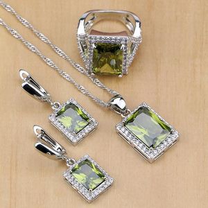 Set Mytic Light Olive Green CZ White Zircon 925 Sterling Silver Smyckesuppsättningar för kvinnorörhängen/hänge/halsband/ringar