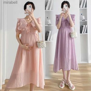 Grundläggande casual klänningar Maternity Summer Short Sleeve Dress for Pregnant Women Doll Collar Clothing Graviditet Elegant Mid-längd YQ240110