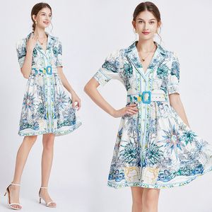 Boutique Womens Printed Dress 2024 Summer Dress High-end Fashion Lady Short Sleeve Dress OL Runway Dresses Floral Dresses