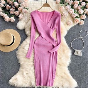 ドレスYuoomuoo Office Lady Dress Elegant Vneck Cross Slim Waist Women Dress2021 Autumn Lengeve Lengeve Knitte