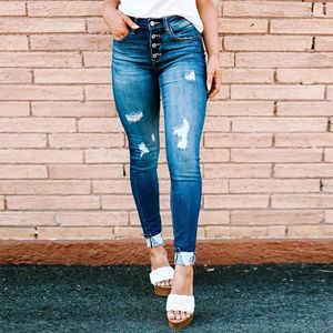 Kadınlar Kot pantolonlar denim tek göğüslü düğmeli kalem pantolonları yıkama eklenmiş ince fit delikleri cepleri hafif strech high caddesi