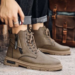 Retro couro marrom para homens moda de rua zíper tornozelo outono confortável alta superior botas de motocicleta homem