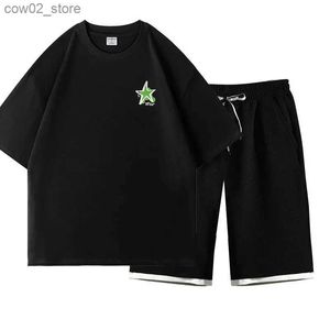 Fatos masculinos 2023 moda coreana homens correndo conjuntos camiseta shorts 2 peças de algodão tracksuit solto rápido suor ternos roupas casuais q230110