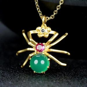 Necklaces Natural Green Jade Spider Pendant With Black Gem Ruby 24k Gold Plated Pure Copper Charm Necklace Women Fine Jewelry Accessories