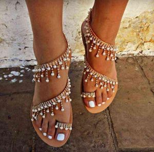 2020 Vintage Boho Sandals Women Leather Beading Flat Sandals Women Bohimia Beach Sandals Shoes Plus Size Summer Fashion Woman G0204327084