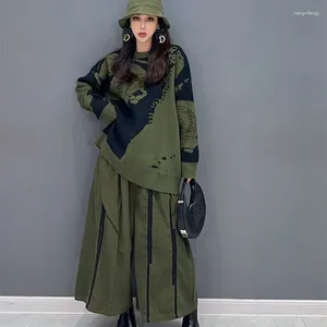 Женские брюки, стильный армейский зеленый комплект одежды, вязаный джемпер с широкими штанинами для осени и зимы, комплект одежды Conjunto De Mujer
