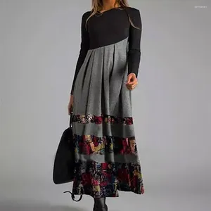 Vestidos casuais respirável manga longa vestido impresso v pescoço maxi para mulheres cintura solta balanço hem tornozelo comprimento primavera outono