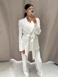 Mode Solid Belt Blazer Suit Women Vintage Lapel Long Sleeve Jacket 2 Pieces Set Spring Chic Office Lady White Pant Suits 240109